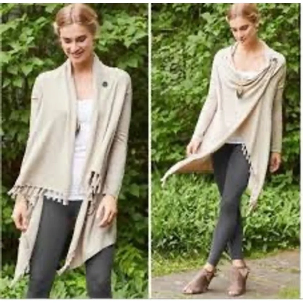 Matilda Jane Come On Over Tan Cardigan Sweater Knot Fringe‎ Button Detail Size M